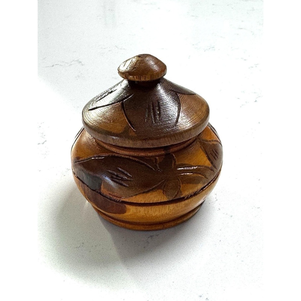 Vintage Hand Carved Wooden Trinket Box Floral Round Lid Artist Signed